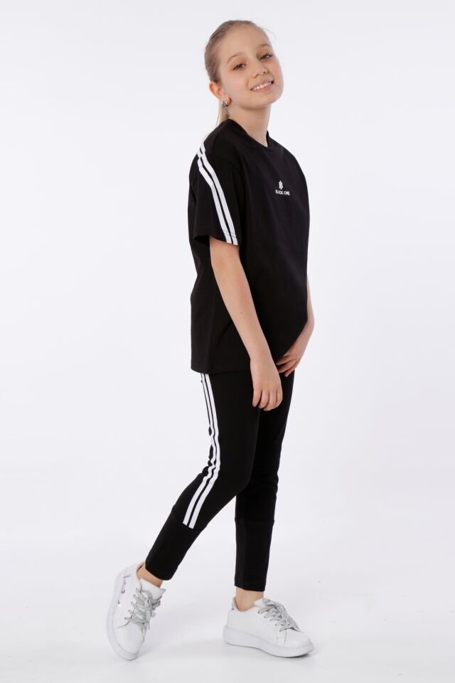 KIZ ÇOCUK BASKILI BİSİKLET YAKA T-SHIRT ŞERİT DETAYLI TAYT TAKIMI 8-9 Yaş - SİYAH