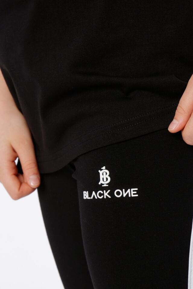 KIZ ÇOCUK BASKILI BİSİKLET YAKA T-SHIRT ŞERİT DETAYLI TAYT TAKIMI 8-9 Yaş - SİYAH