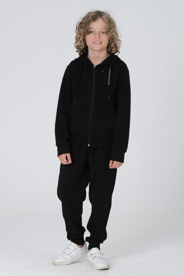 Black One Erkek Çocuk Fermuarlı Kapüşonlu Baskı Detaylı Çift Cep Eşofman Takımı
