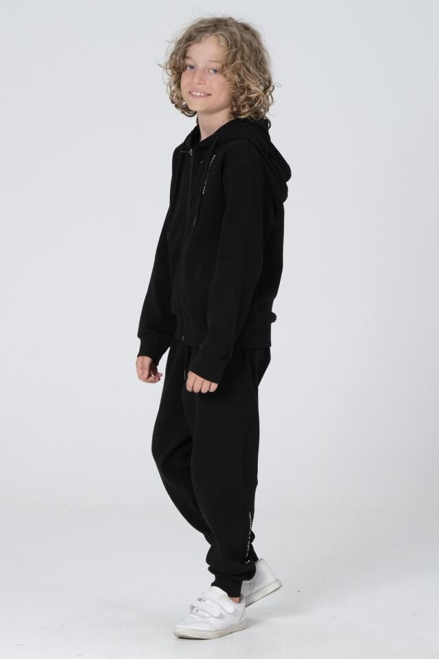 Black One Erkek Çocuk Fermuarlı Kapüşonlu Baskı Detaylı Çift Cep Eşofman Takımı