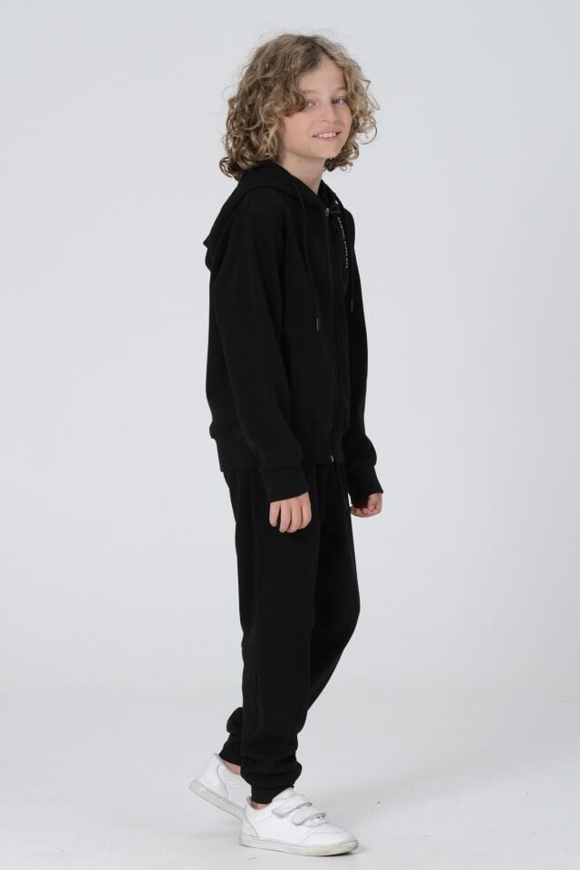 Black One Erkek Çocuk Fermuarlı Kapüşonlu Baskı Detaylı Çift Cep Eşofman Takımı