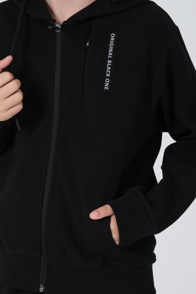 Black One Erkek Çocuk Fermuarlı Kapüşonlu Baskı Detaylı Çift Cep Eşofman Takımı