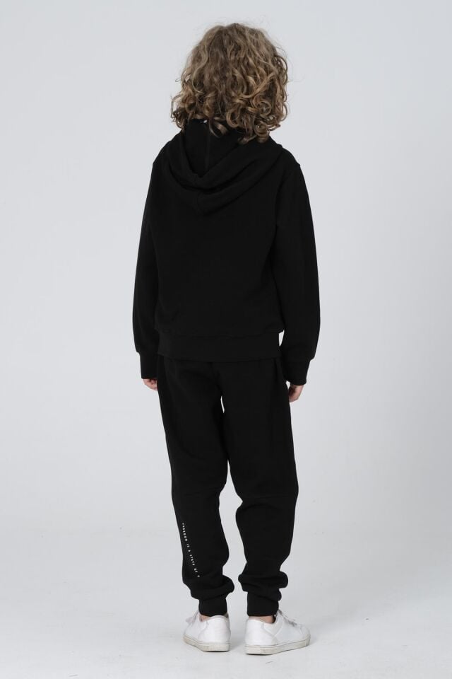 Black One Erkek Çocuk Fermuarlı Kapüşonlu Baskı Detaylı Çift Cep Eşofman Takımı