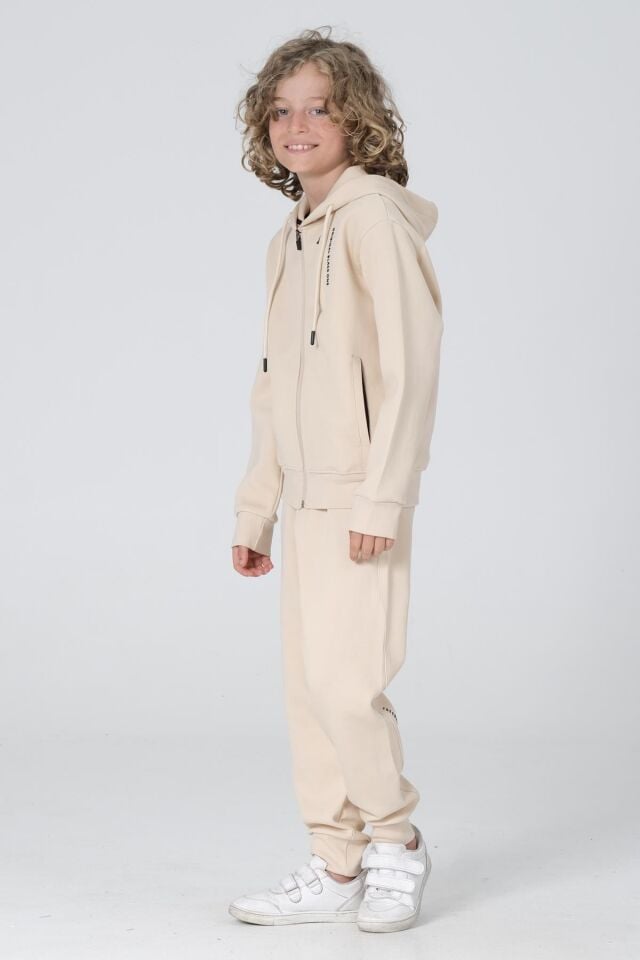 Black One Erkek Çocuk Fermuarlı Kapüşonlu Baskı Detaylı Çift Cep Eşofman Takımı