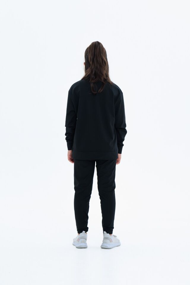 Kız Çocuk Şardonlu Dalgıç Kumaş Eşofman Takımı (Sweatshirt + Tayt) SİYAH - 10-11 Yaş