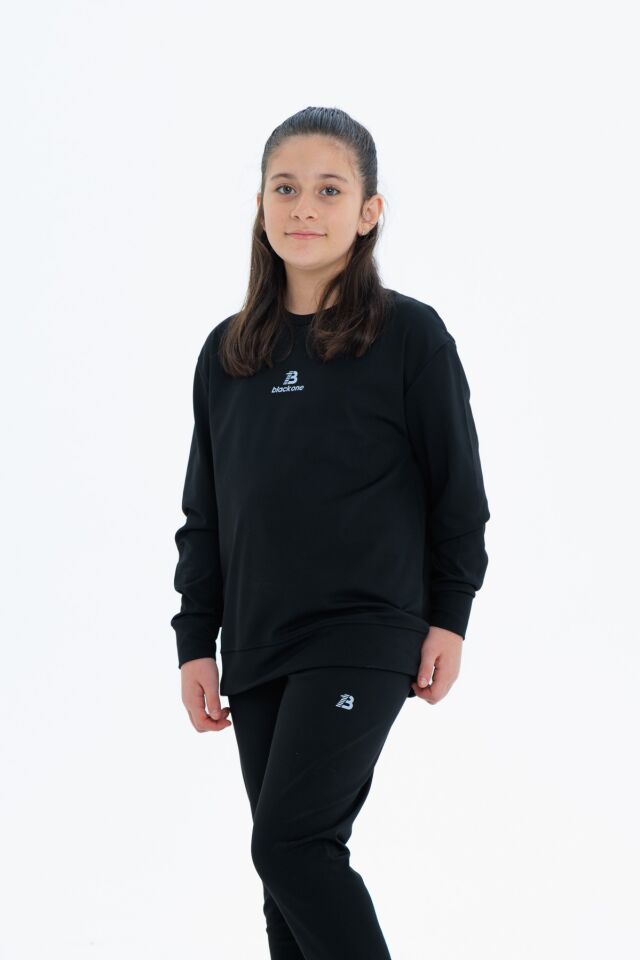 Kız Çocuk Şardonlu Dalgıç Kumaş Eşofman Takımı (Sweatshirt + Tayt) SİYAH - 11-12 Yaş
