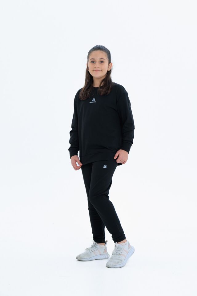 Kız Çocuk Şardonlu Dalgıç Kumaş Eşofman Takımı (Sweatshirt + Tayt) SİYAH - 14-15 Yaş