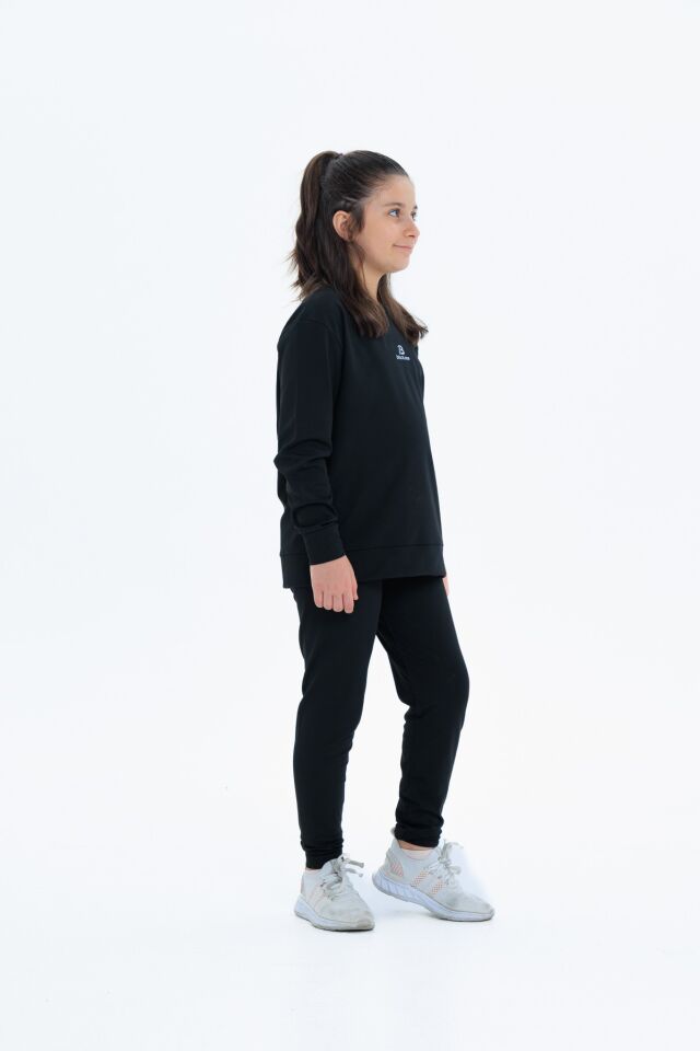 Kız Çocuk Şardonlu Dalgıç Kumaş Eşofman Takımı (Sweatshirt + Tayt) SİYAH - 14-15 Yaş