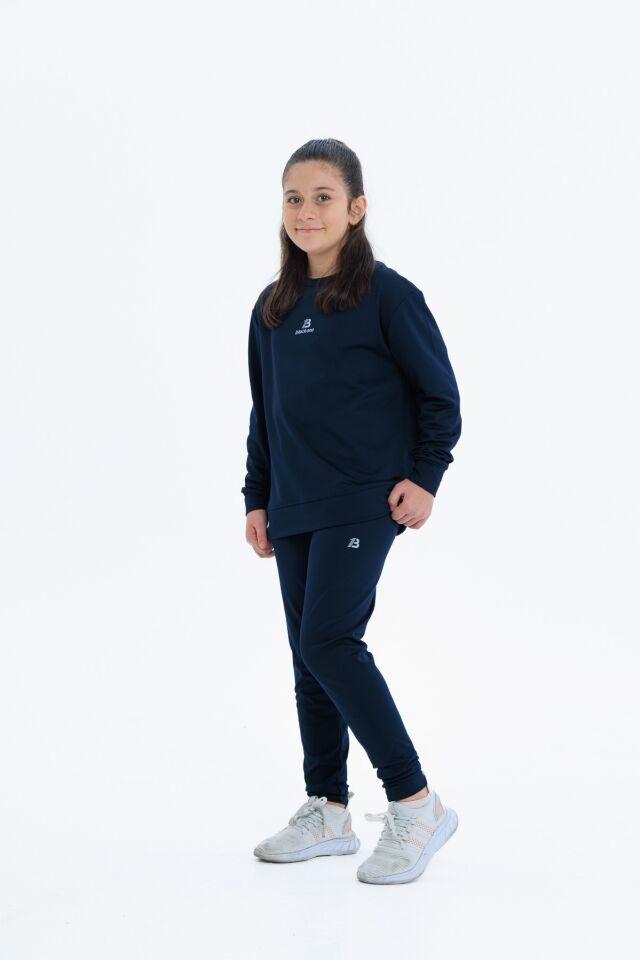 Kız Çocuk Şardonlu Dalgıç Kumaş Eşofman Takımı (Sweatshirt + Tayt) LACİVERT - 8-9 Yaş