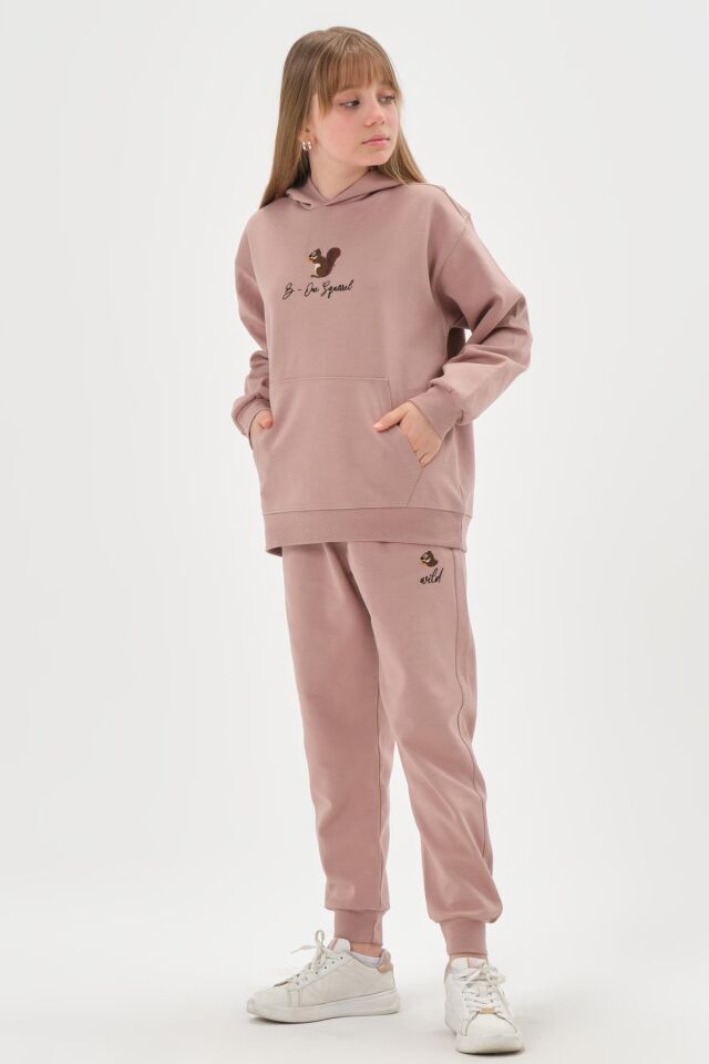 Kapüşonlu Nakış Detaylı Kız Çocuk Eşofman Takımı KOYU VİZON - 8-9 Yaş