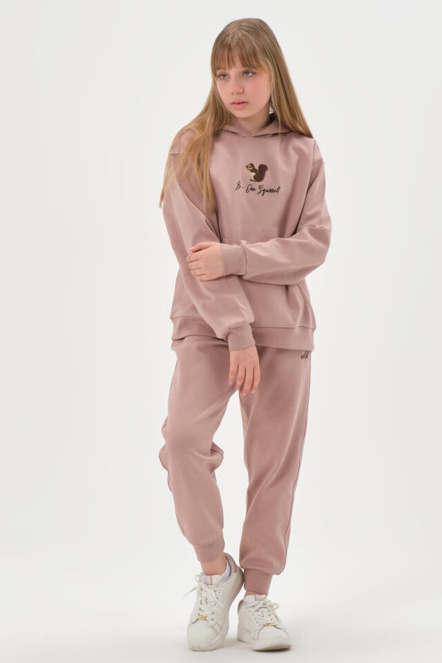 Kapüşonlu Nakış Detaylı Kız Çocuk Eşofman Takımı KOYU VİZON - 8-9 Yaş