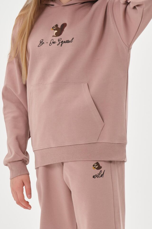 Kapüşonlu Nakış Detaylı Kız Çocuk Eşofman Takımı KOYU VİZON - 8-9 Yaş