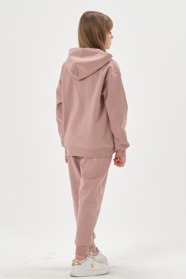 Kapüşonlu Nakış Detaylı Kız Çocuk Eşofman Takımı KOYU VİZON - 8-9 Yaş