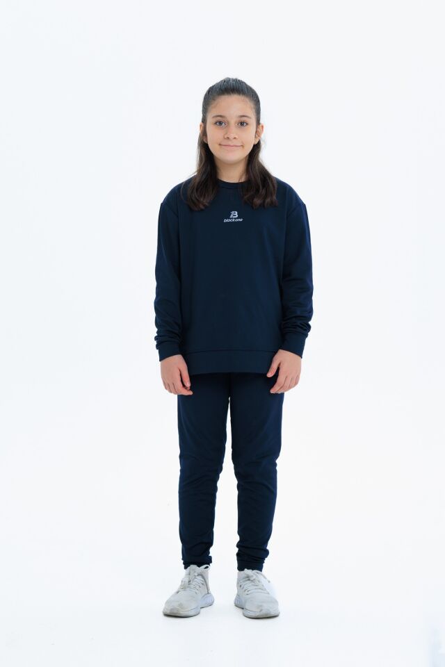 Kız Çocuk Şardonlu Dalgıç Kumaş Eşofman Takımı (Sweatshirt + Tayt) LACİVERT - 10-11 Yaş