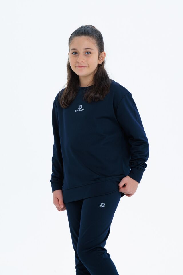 Kız Çocuk Şardonlu Dalgıç Kumaş Eşofman Takımı (Sweatshirt + Tayt) LACİVERT - 10-11 Yaş
