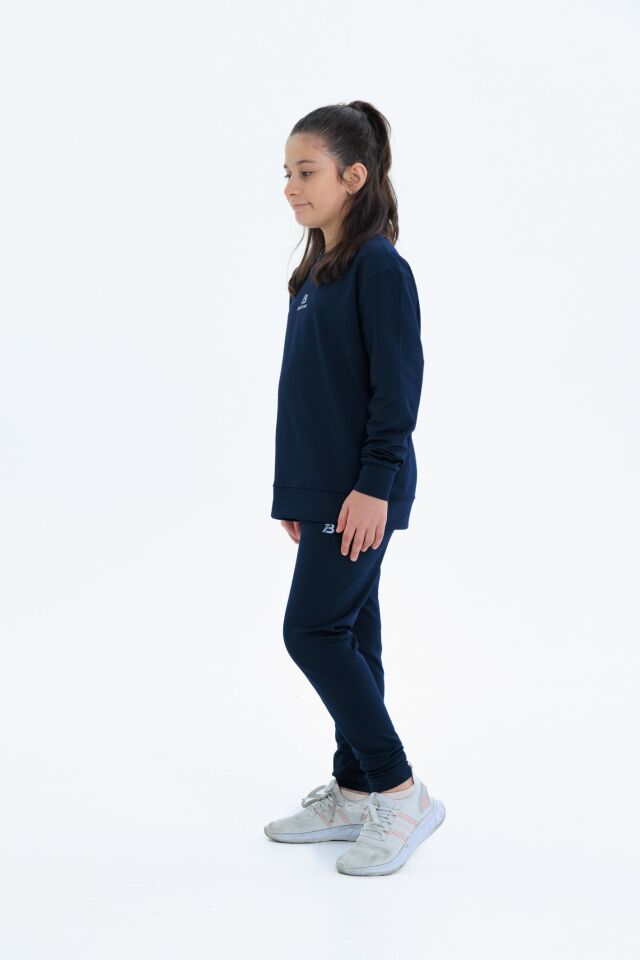 Kız Çocuk Şardonlu Dalgıç Kumaş Eşofman Takımı (Sweatshirt + Tayt) LACİVERT - 11-12 Yaş