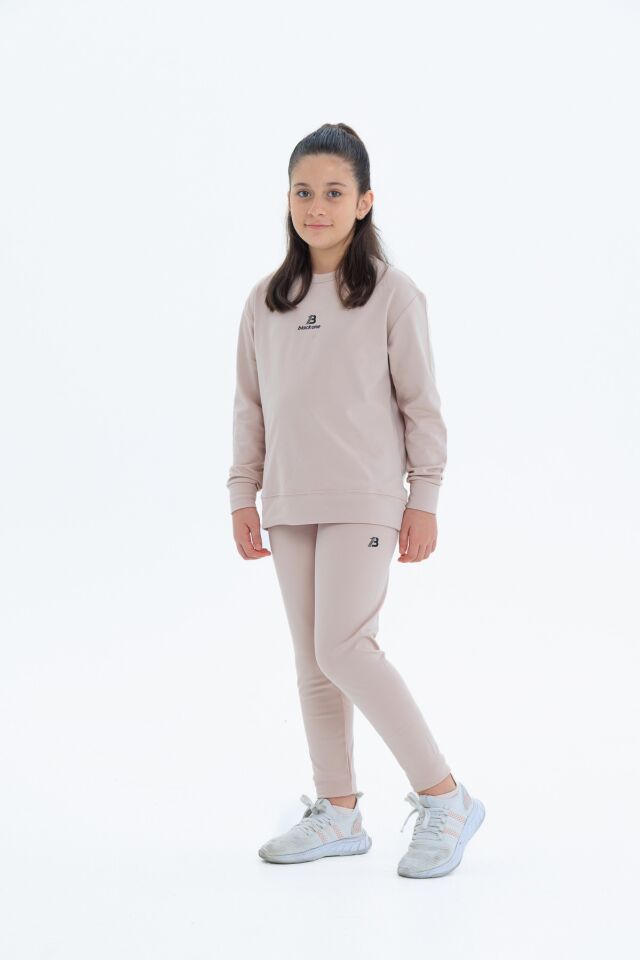 Kız Çocuk Şardonlu Dalgıç Kumaş Eşofman Takımı (Sweatshirt + Tayt) TAŞ - 8-9 Yaş