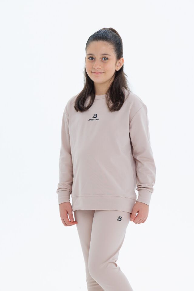 Kız Çocuk Şardonlu Dalgıç Kumaş Eşofman Takımı (Sweatshirt + Tayt) TAŞ - 8-9 Yaş