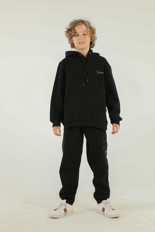 Kapüşonlu Kargo Cepli Baskı Detaylı Erkek Çocuk Eşofman Takımı