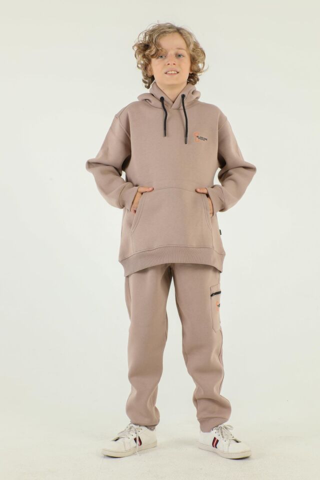 Kapüşonlu Kargo Cepli Baskı Detaylı Erkek Çocuk Eşofman Takımı