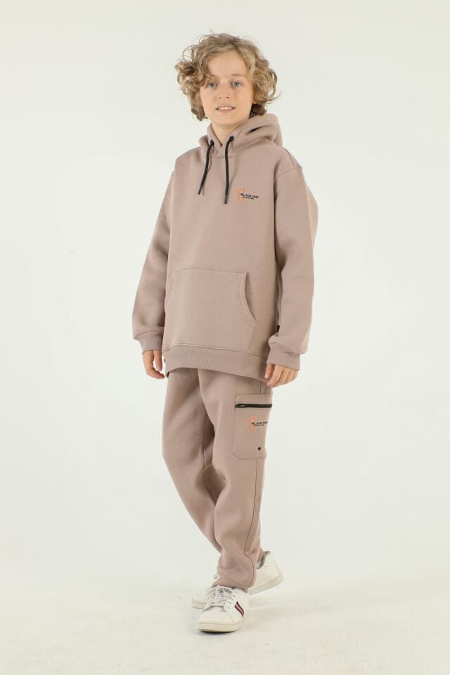Kapüşonlu Kargo Cepli Baskı Detaylı Erkek Çocuk Eşofman Takımı
