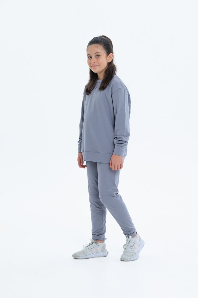 Kız Çocuk Şardonlu Dalgıç Kumaş Eşofman Takımı (Sweatshirt + Tayt) GRİ - 10-11 Yaş