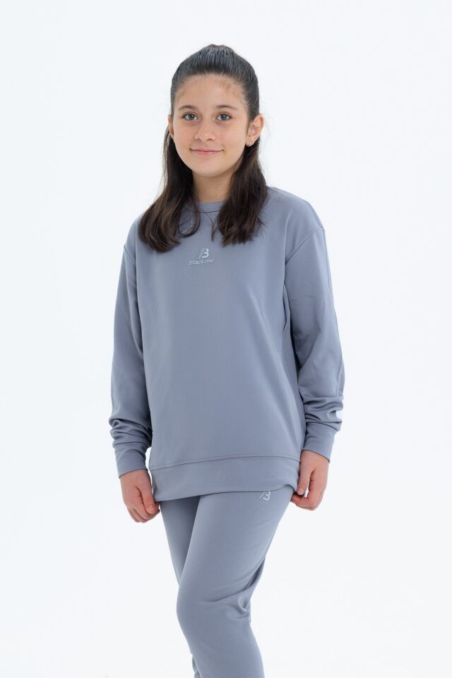 Kız Çocuk Şardonlu Dalgıç Kumaş Eşofman Takımı (Sweatshirt + Tayt) GRİ - 11-12 Yaş