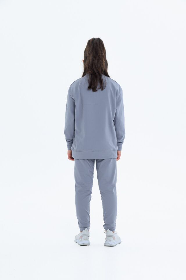 Kız Çocuk Şardonlu Dalgıç Kumaş Eşofman Takımı (Sweatshirt + Tayt) GRİ - 11-12 Yaş
