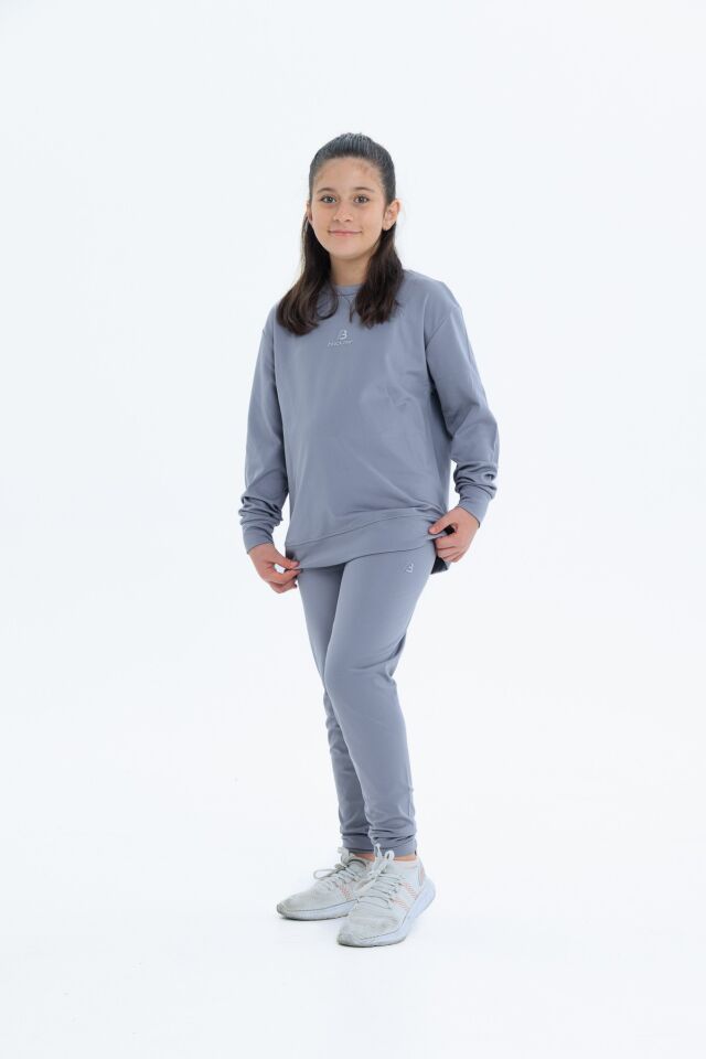 Kız Çocuk Şardonlu Dalgıç Kumaş Eşofman Takımı (Sweatshirt + Tayt) GRİ - 8-9 Yaş