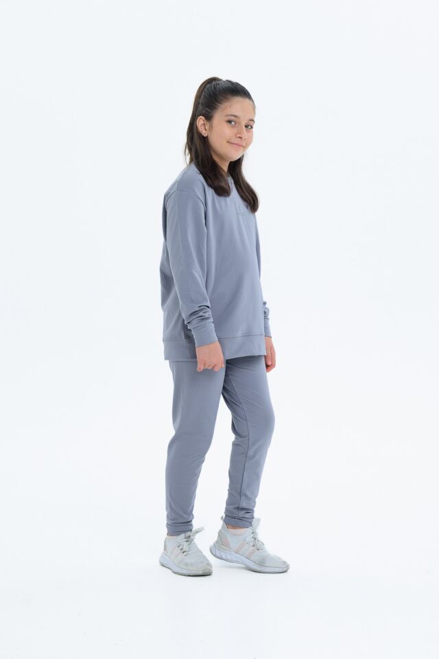 Kız Çocuk Şardonlu Dalgıç Kumaş Eşofman Takımı (Sweatshirt + Tayt) GRİ - 8-9 Yaş