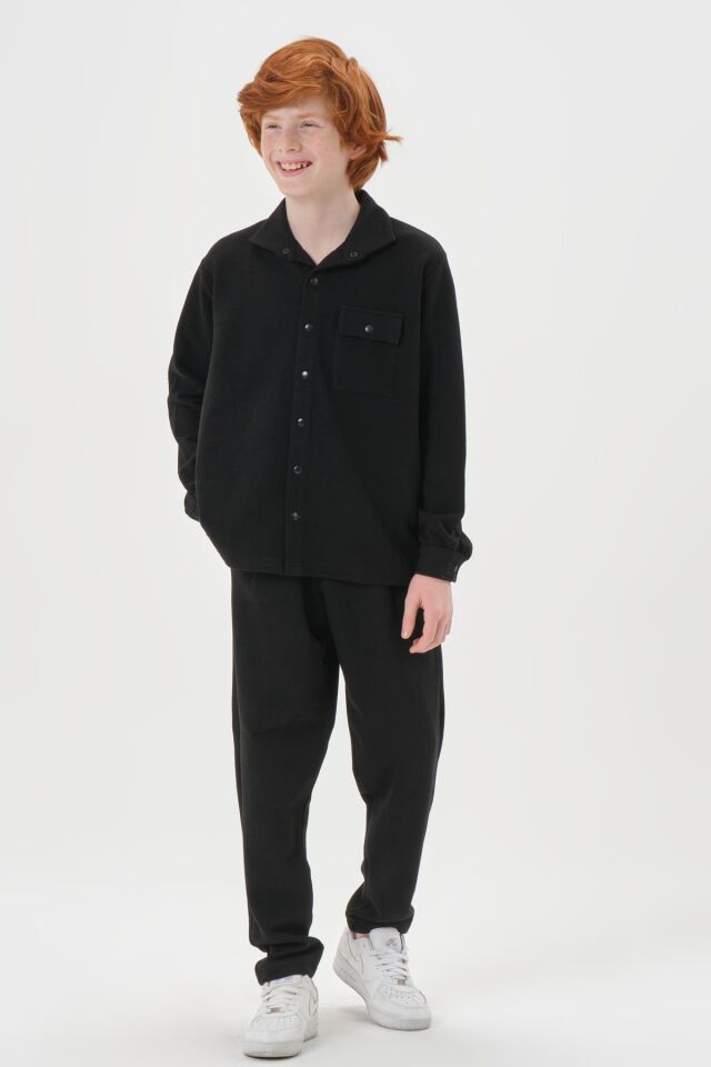 Black One Çocuk Jakarlı Kibrit Desen Düğme Detaylı Alt-Üst Takım – Rahat Kalıp SİYAH - 3-4 Yaş