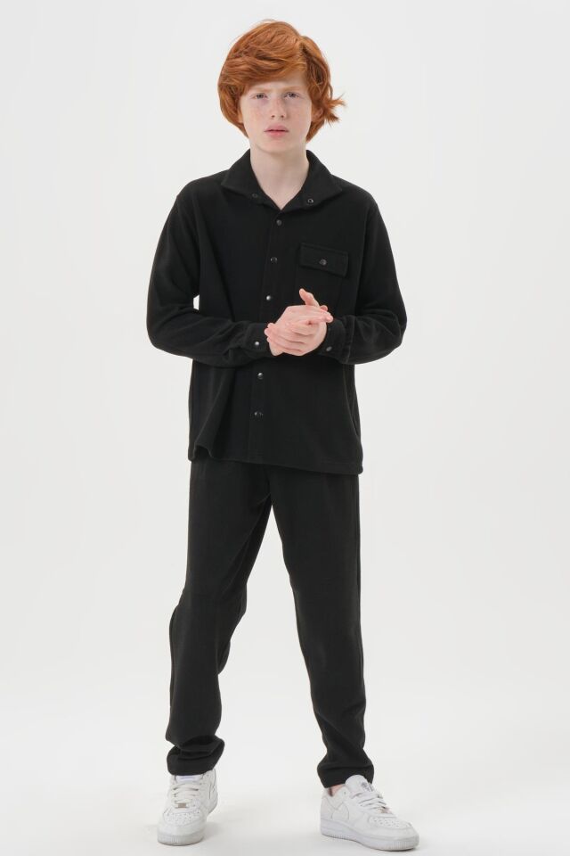 Black One Çocuk Jakarlı Kibrit Desen Düğme Detaylı Alt-Üst Takım – Rahat Kalıp SİYAH - 2-3 Yaş