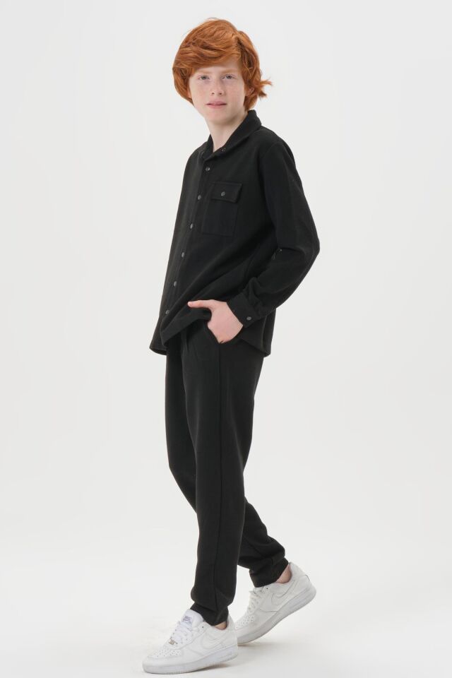 Black One Çocuk Jakarlı Kibrit Desen Düğme Detaylı Alt-Üst Takım – Rahat Kalıp SİYAH - 2-3 Yaş