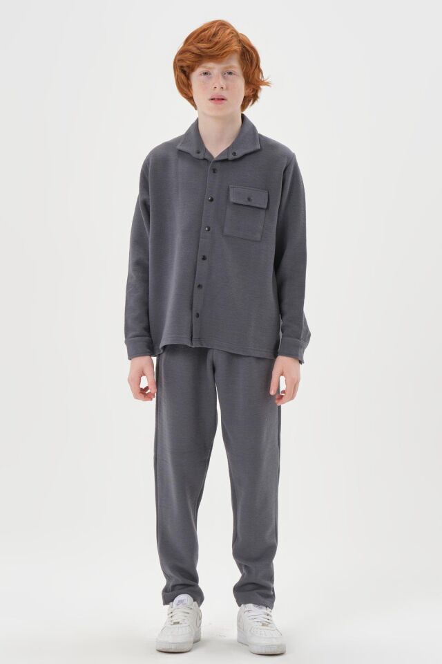 Black One Çocuk Jakarlı Kibrit Desen Düğme Detaylı Alt-Üst Takım – Rahat Kalıp FÜME - 2-3 Yaş