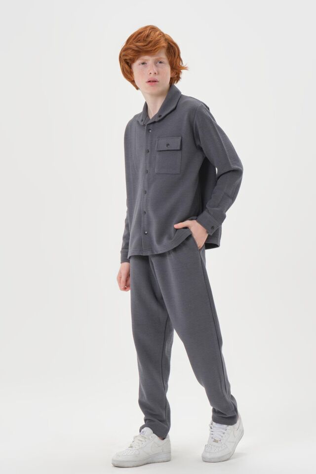 Black One Çocuk Jakarlı Kibrit Desen Düğme Detaylı Alt-Üst Takım – Rahat Kalıp FÜME - 2-3 Yaş