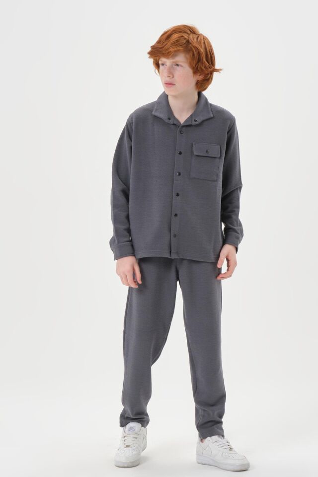 Black One Çocuk Jakarlı Kibrit Desen Düğme Detaylı Alt-Üst Takım – Rahat Kalıp FÜME - 2-3 Yaş