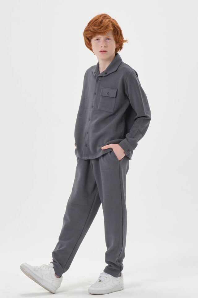 Black One Çocuk Jakarlı Kibrit Desen Düğme Detaylı Alt-Üst Takım – Rahat Kalıp FÜME - 2-3 Yaş