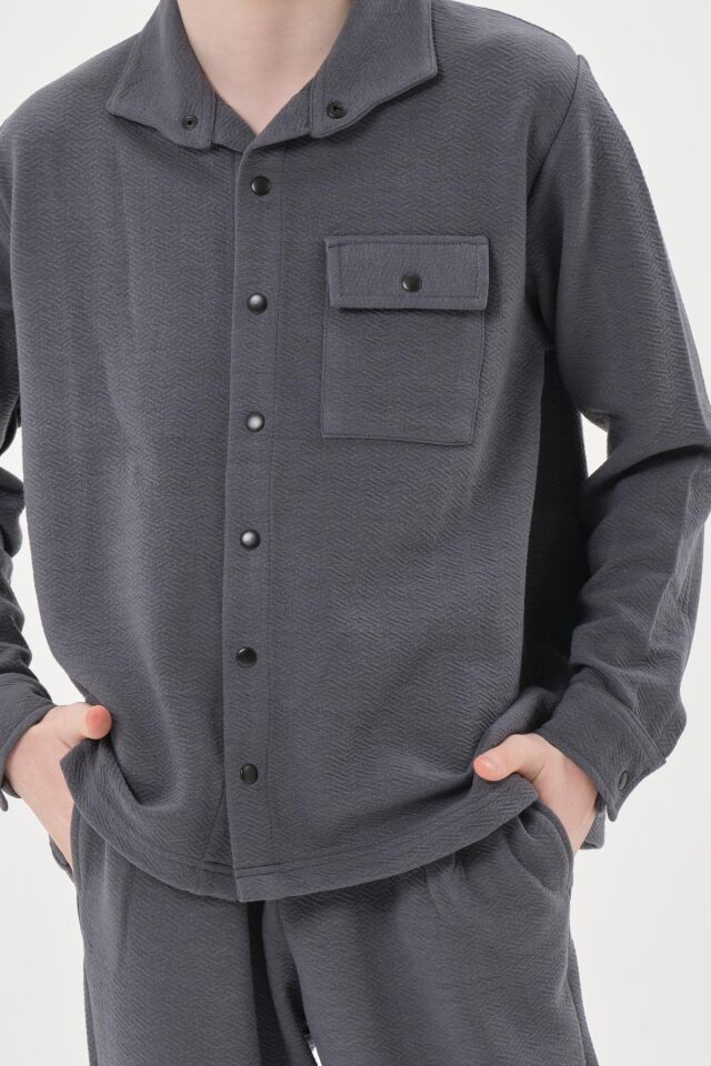 Black One Çocuk Jakarlı Kibrit Desen Düğme Detaylı Alt-Üst Takım – Rahat Kalıp FÜME - 5-6 Yaş