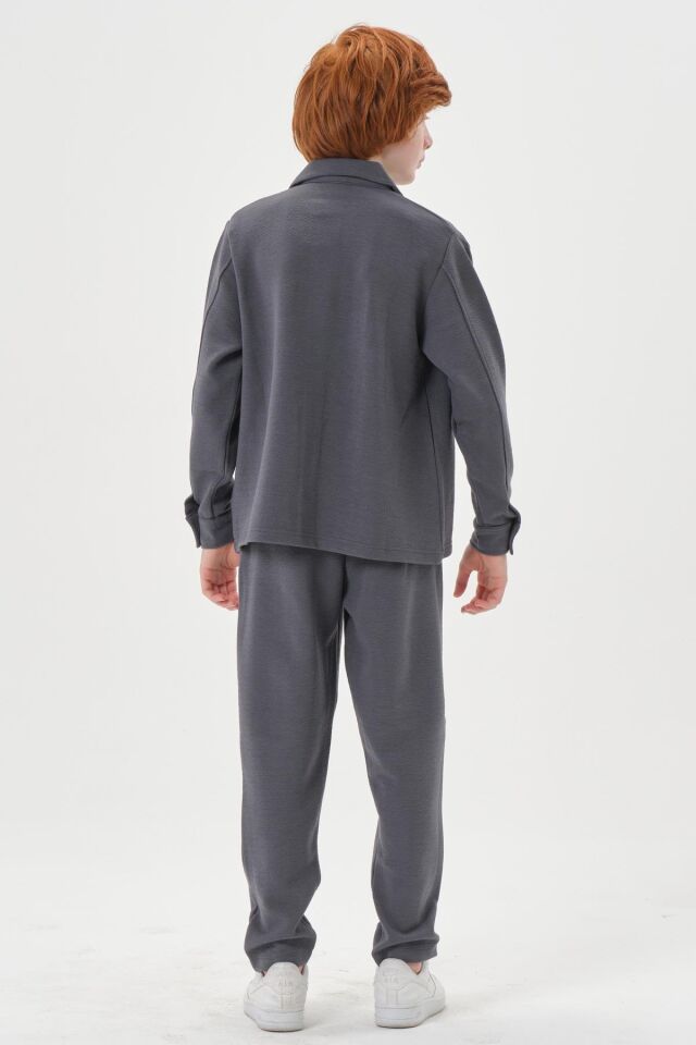 Black One Çocuk Jakarlı Kibrit Desen Düğme Detaylı Alt-Üst Takım – Rahat Kalıp FÜME - 5-6 Yaş