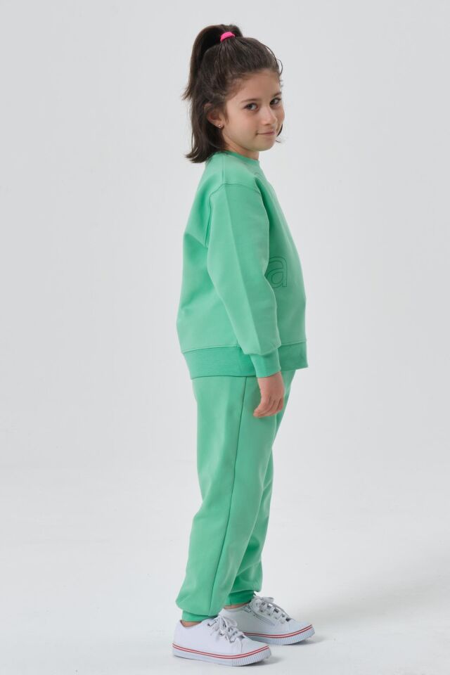 KIZ ÇOCUK BİSİKLET YAKA ÇELİKLİ İNTERLOK KUAMŞTAN BASKI DETAYLI EŞOFMAN ALT ÜST TAKIMI SPRİNG BUD - 2-3 Yaş