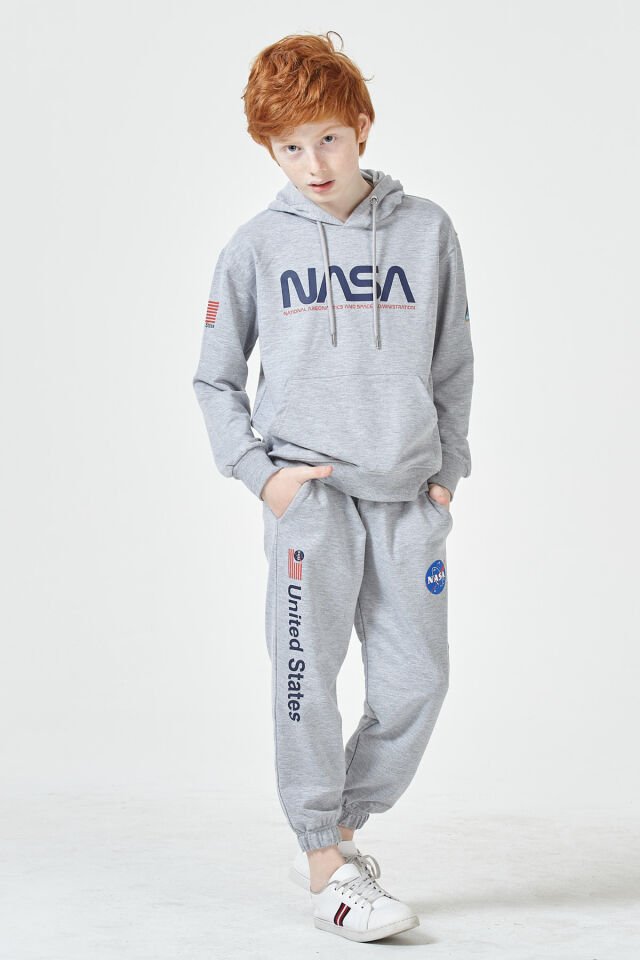 Erkek Çocuk Şardonsuz 2 İplik Baskılı Kapüşonlu Spor Eşofman Takımı – Normal Kalıp 9-10 Yaş - GRİ