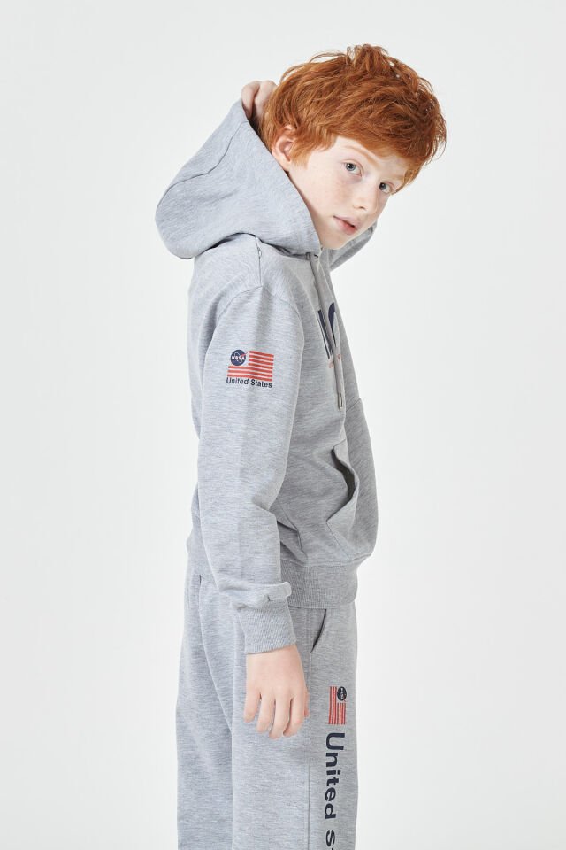 Erkek Çocuk Şardonsuz 2 İplik Baskılı Kapüşonlu Spor Eşofman Takımı – Normal Kalıp 9-10 Yaş - GRİ