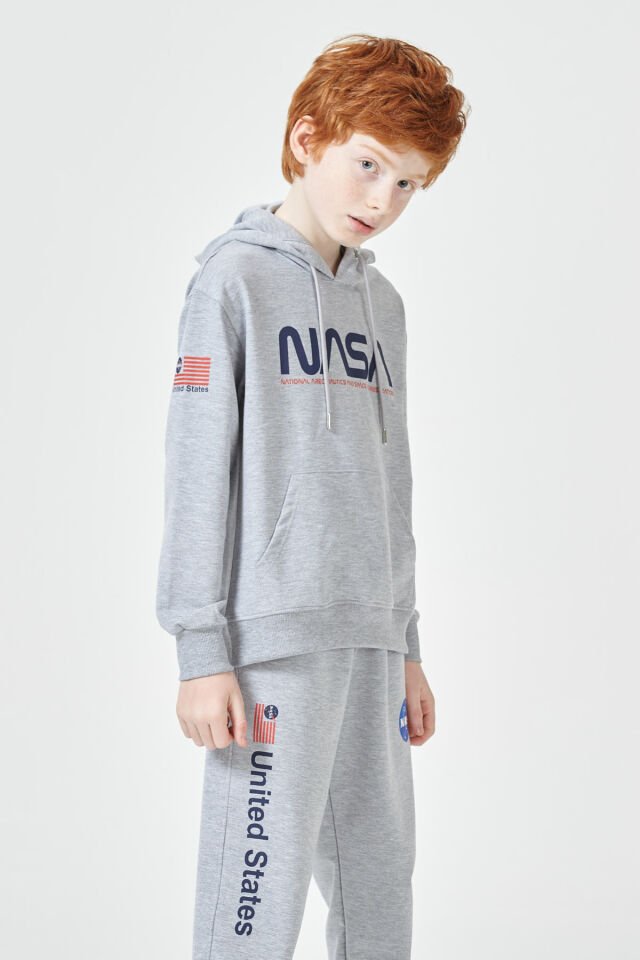 Erkek Çocuk Şardonsuz 2 İplik Baskılı Kapüşonlu Spor Eşofman Takımı – Normal Kalıp 10-11 Yaş - GRİ