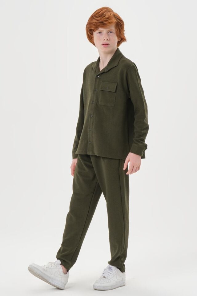 Black One Çocuk Jakarlı Kibrit Desen Düğme Detaylı Alt-Üst Takım – Rahat Kalıp HAKİ - 2-3 Yaş