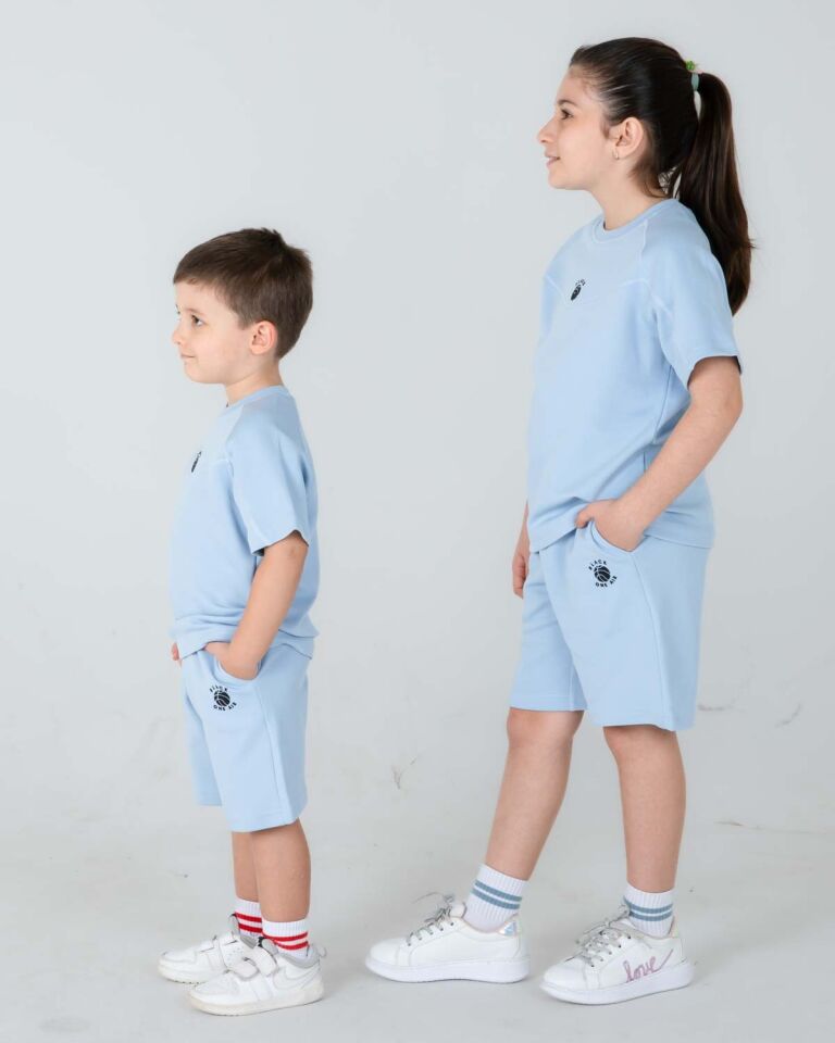 Kız/Erkek Çocuk Yazlık Şort Tişört İkili Takım Baskılı Cep Detaylı MAVİ - 9-10 Yaş