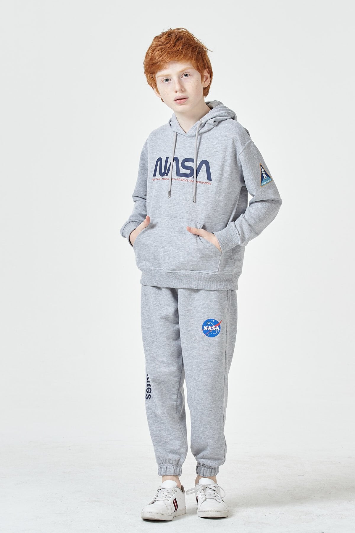 Erkek Çocuk Şardonsuz 2 İplik Baskılı Kapüşonlu Spor Eşofman Takımı – Normal Kalıp 11-12 Yaş - GRİ
