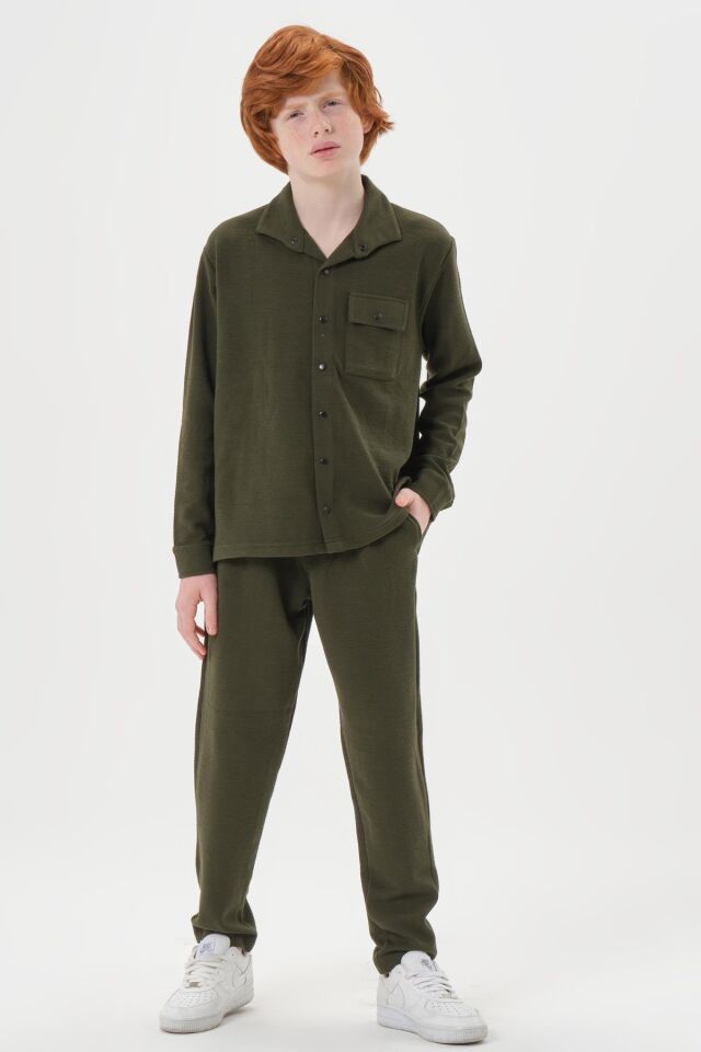 Black One Çocuk Jakarlı Kibrit Desen Düğme Detaylı Alt-Üst Takım – Rahat Kalıp HAKİ - 3-4 Yaş