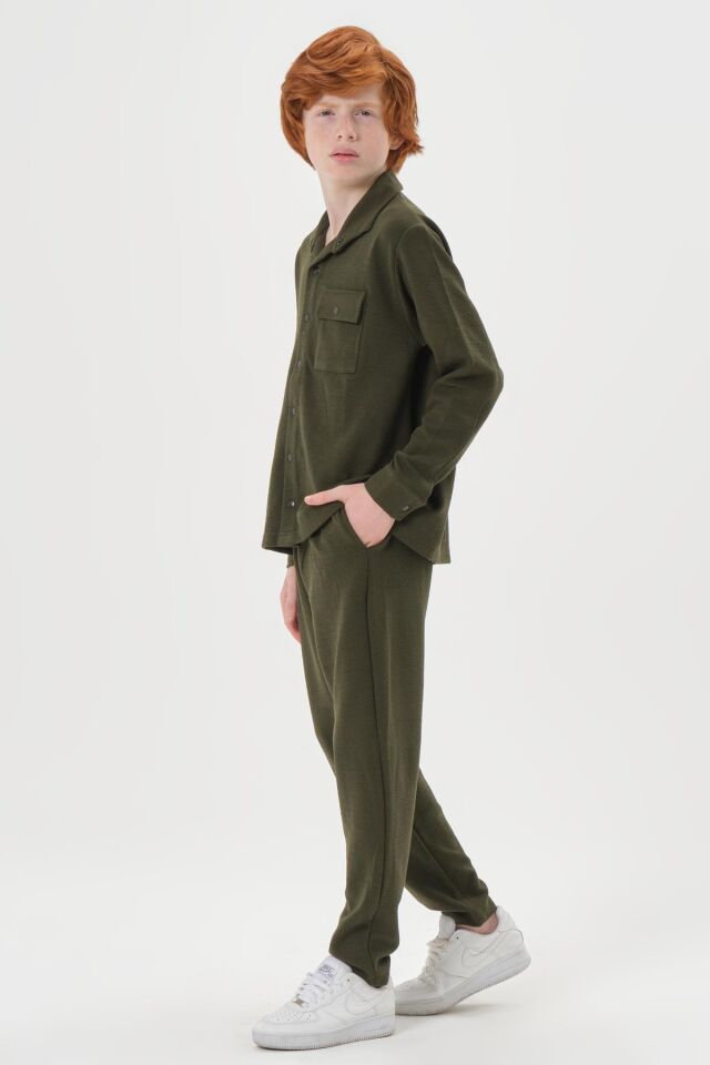 Black One Çocuk Jakarlı Kibrit Desen Düğme Detaylı Alt-Üst Takım – Rahat Kalıp HAKİ - 3-4 Yaş