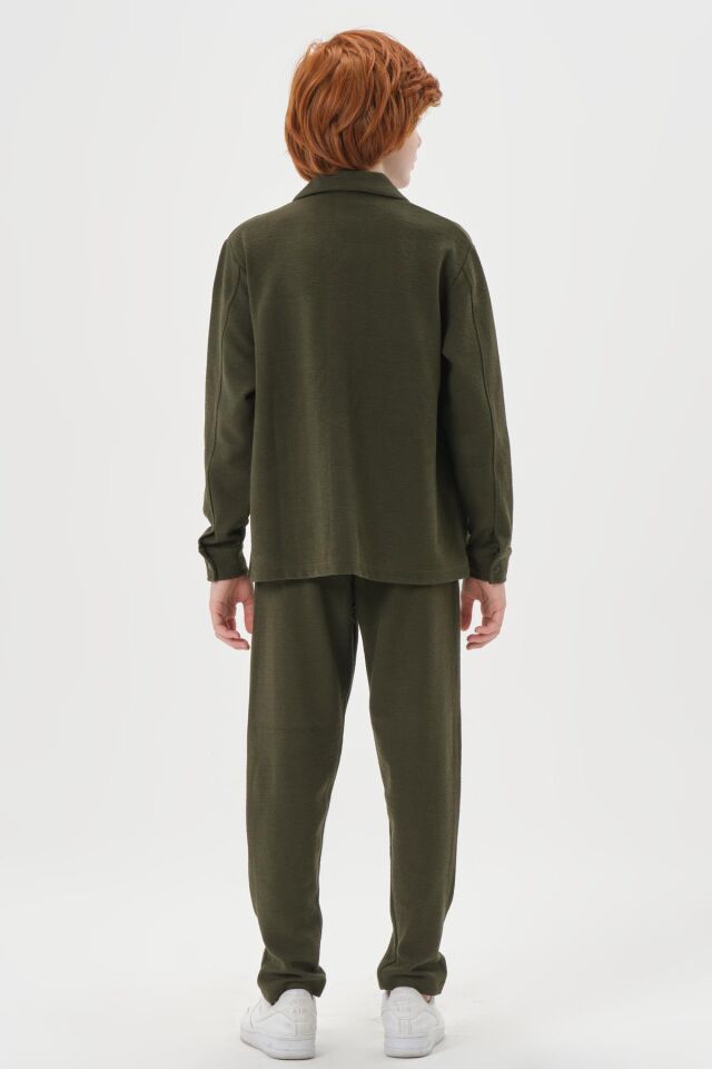 Black One Çocuk Jakarlı Kibrit Desen Düğme Detaylı Alt-Üst Takım – Rahat Kalıp HAKİ - 3-4 Yaş