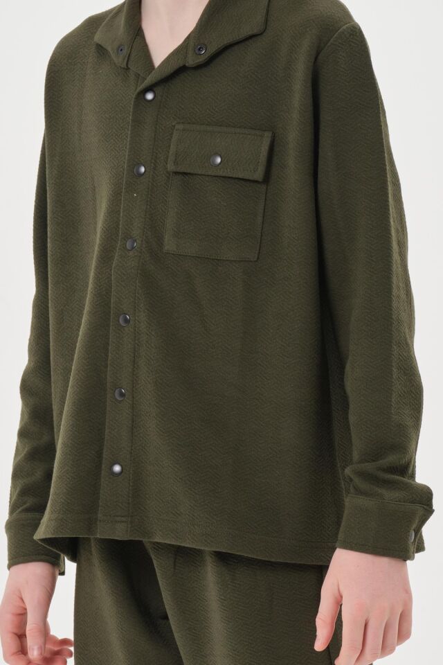 Black One Çocuk Jakarlı Kibrit Desen Düğme Detaylı Alt-Üst Takım – Rahat Kalıp HAKİ - 5-6 Yaş